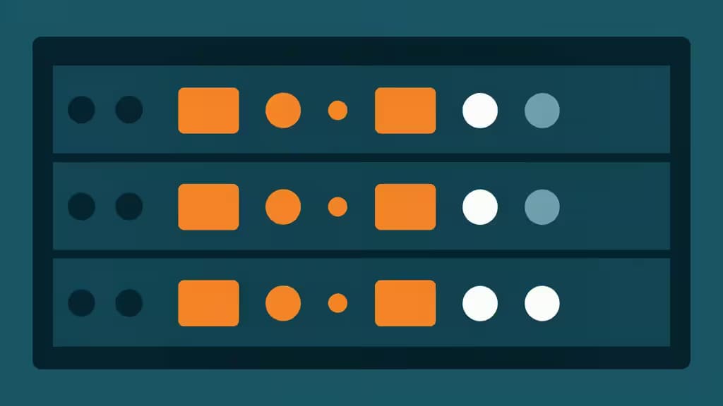 Rack serveur sombre affichant des indicateurs circulaires et rectangulaires orange, blancs et bleus sur trois rangées horizontales.