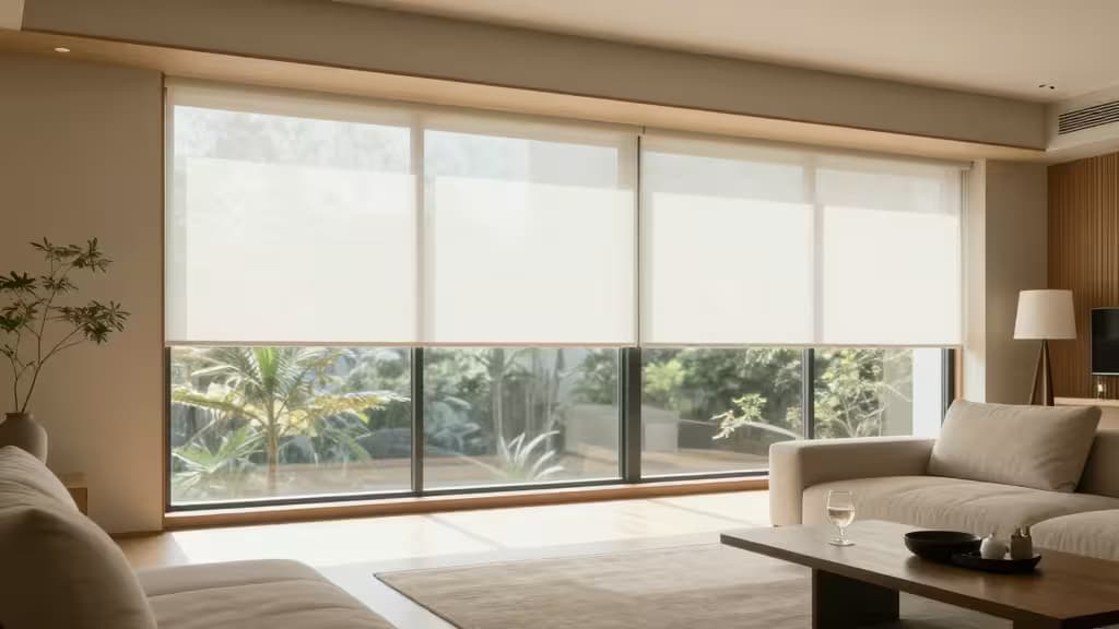 A modern living room features large windows with automated smart blinds, showcasing a serene outdoor view.