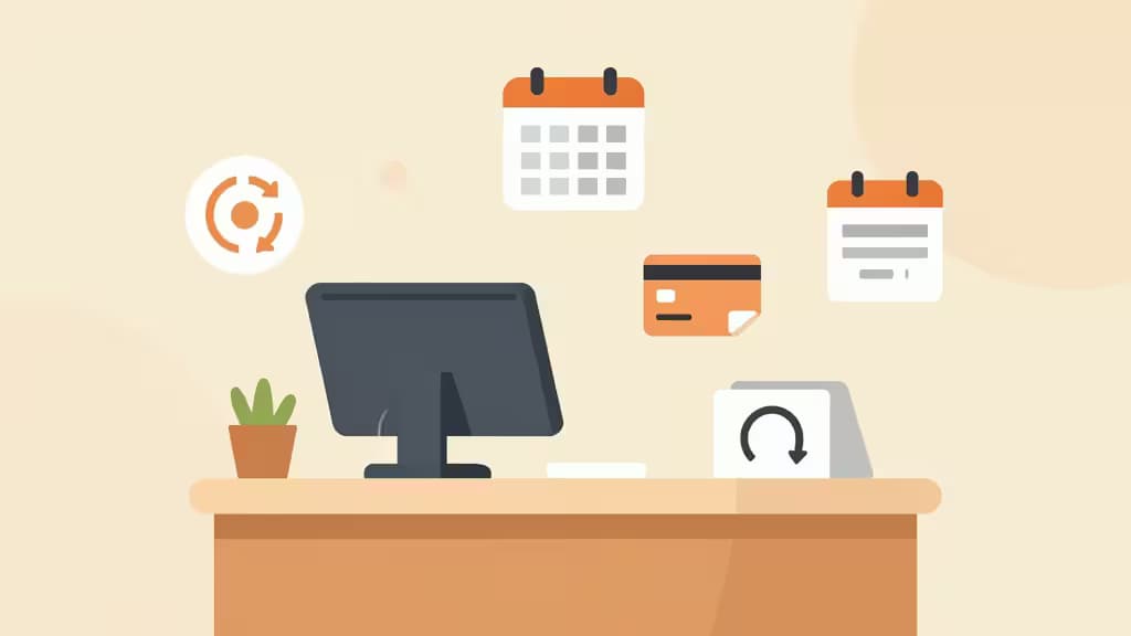 Illustrazione editoriale di un bancone checkout con monitor, carta di credito e icone di calendario fluttuanti che simboleggiano i pagamenti rateali.