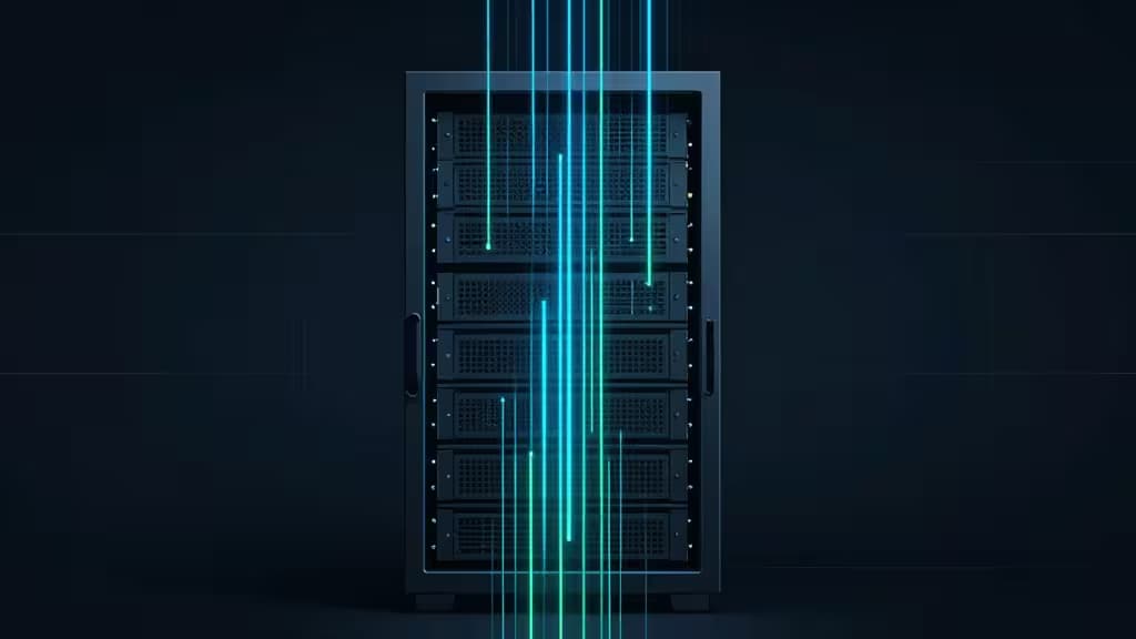 A sleek server rack with glowing blue data streams, symbolizing self-hosted Git platforms for small teams.