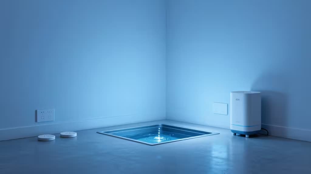 Nowoczesna piwnica smart home z studzienką pompy zatwornikowej i czujnikami zalania na podłodze, niebieskie oświetlenie ambientowe