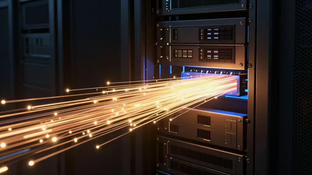 Abstract illustration of glowing fiber-optic data streams flowing through a dark server rack, representing high-speed in-memory caching with warm amber and electric blue light.