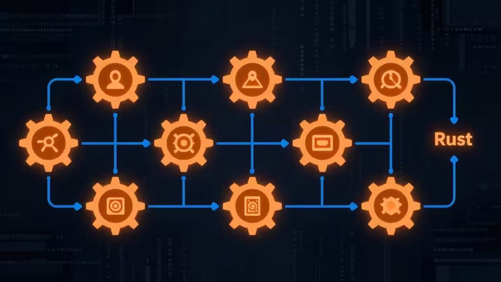 Orange gears and blue arrows form a network, symbolizing CI/CD tools for Rust projects.
