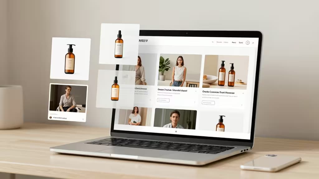 Um notebook prateado exibe um dashboard do Shopify com imagens de produto geradas por IA flutuando sobre uma mesa de madeira.