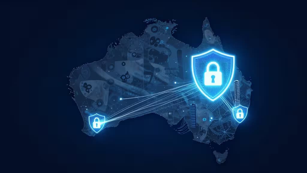 Glowing blue shield icons with padlocks overlay a digital map of Australia, connected by light streams.
