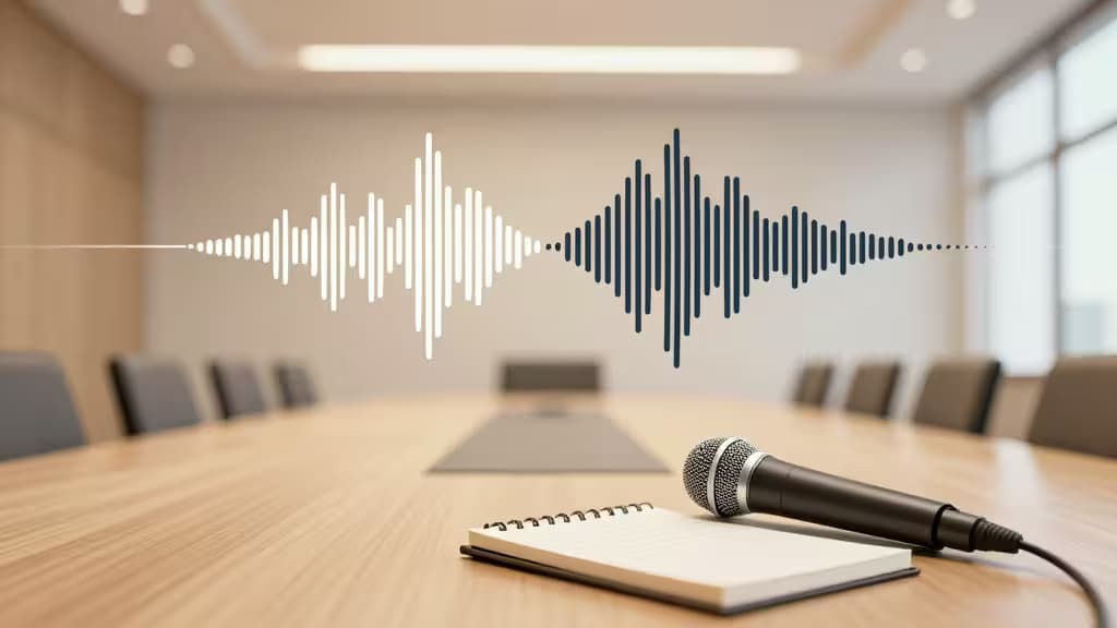 Sound waves transform into text above a microphone and notebook on a conference table.