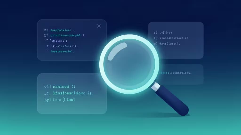 Abstrakcyjna ilustracja interfejsu wyszukiwania dokumentacji deweloperskiej — świecąca lupa nad unoszącymi się fragmentami kodu, gradient ciemnego błękitu i turkusu, minimalistyczny styl technologiczny