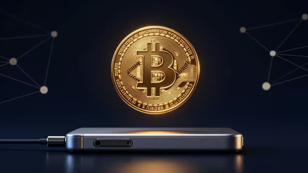 A glowing golden Bitcoin coin floating above a sleek hardware wallet device against a dark background with interconnected blockchain network nodes.