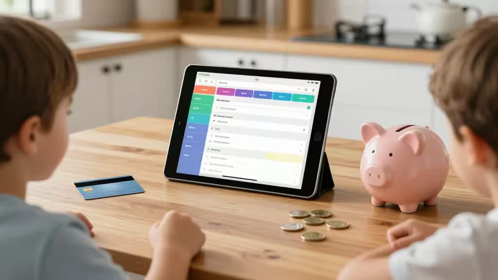 Familienküche mit Tablet, auf dem eine farbenfrohe Budgeting-App-Oberfläche angezeigt wird, daneben ein Sparschwein, Münzen und eine Kinder-Debitkarte auf dem Tisch