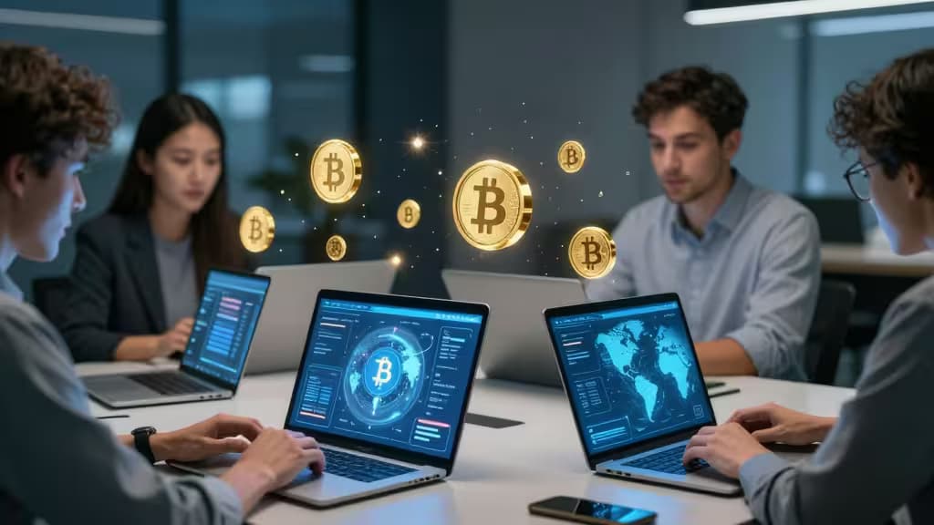 Four professionals collaborate around laptops displaying Bitcoin graphics in a modern office setting.