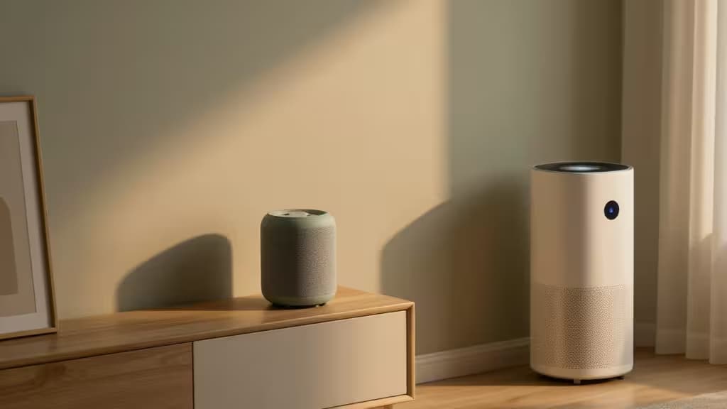 Sunlit room features a fabric smart speaker and cylindrical air purifier on wood furniture, evoking calm tech sanctuary.