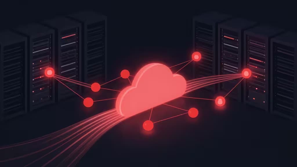 Illustration abstraite d'une infrastructure Redis managée avec des nœuds de données lumineux connectés par des flux de lumière sur un paysage de serveurs sombres.