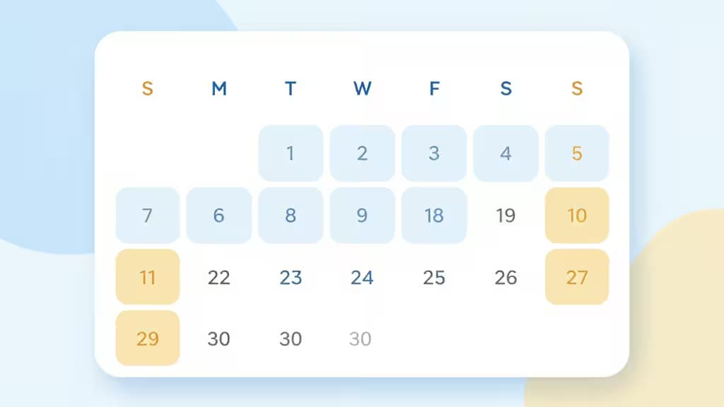 Un calendario digital minimalista resalta fechas clave en tonos suaves de amarillo y azul, simbolizando la programación organizada para profesionales ocupados.