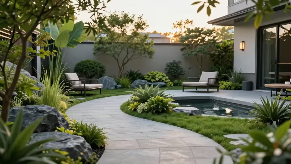 Gebogene Steinwege schlängeln sich durch üppiges Grün zu einer modernen Terrasse mit Loungestühlen neben einem ruhigen Teich.