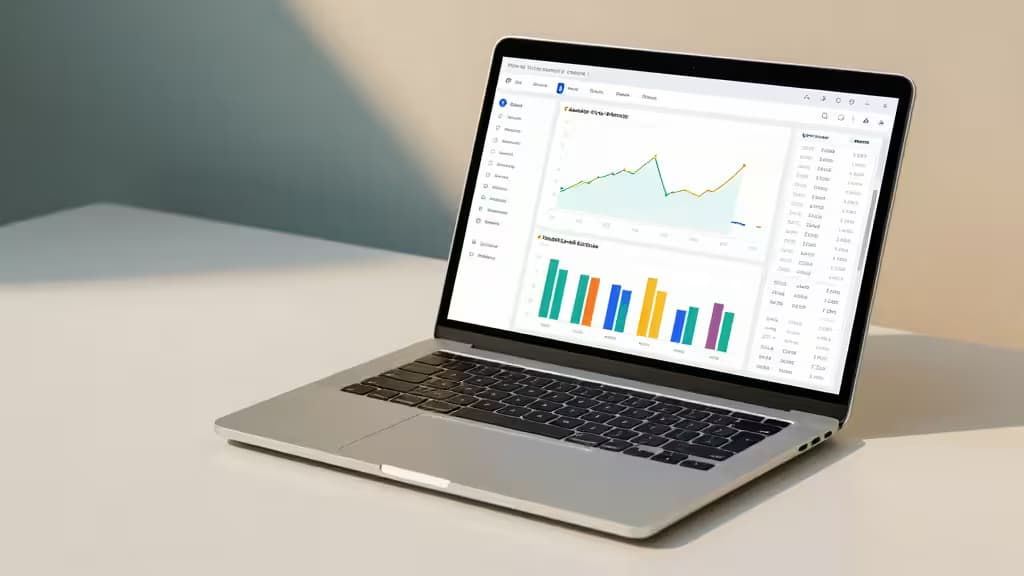 Silver laptop displays colorful financial charts on a clean white desk, illustrating AI bookkeeping software for small business transaction categorization.