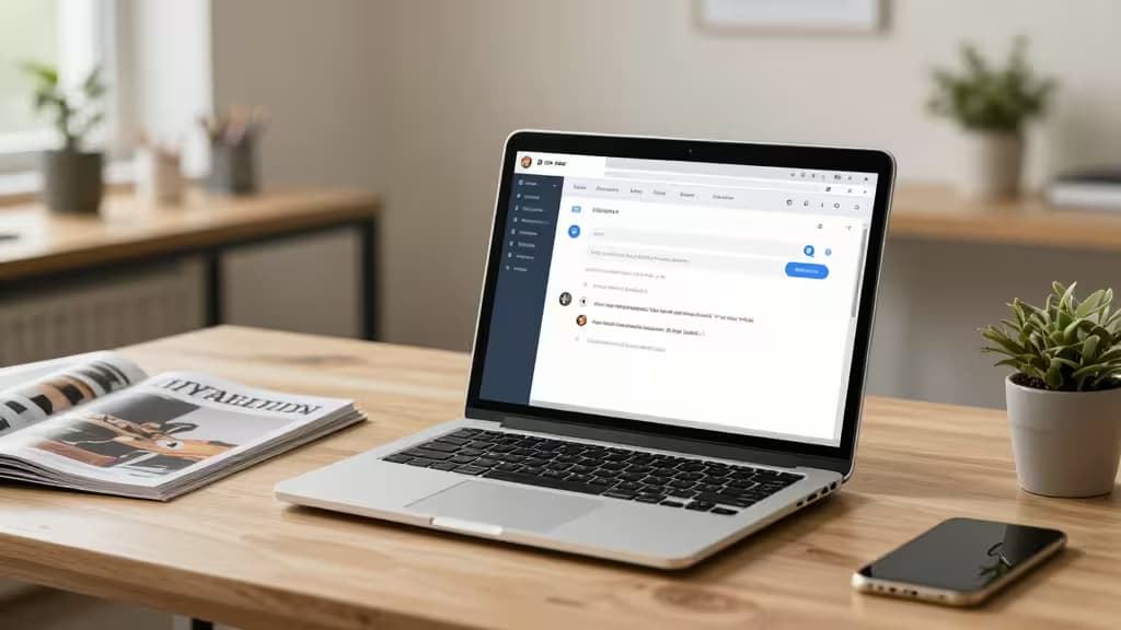 Espacio de trabajo profesional con laptop mostrando interfaz de IA conversacional, fondo de oficina de pequeña empresa, iluminación cálida y diseño moderno