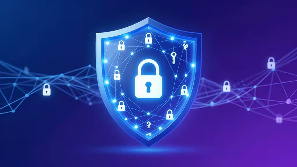 Gloeiend blauw schild met hangslot en netwerkknooppunten symboliseert quantum-veilige encryptie die digitale tunnels beschermt.