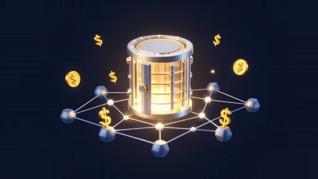 A glowing cylindrical vault sits atop a network of nodes, surrounded by floating gold dollar signs against a dark blue background.