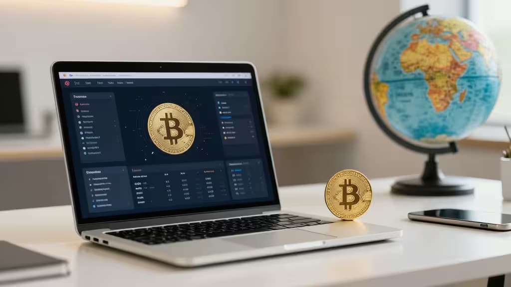 Laptop displays crypto dashboard with Bitcoin coins, globe, and smartphone on desk.
