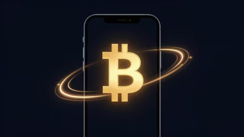 Smartphone con simbolo Bitcoin dorato e scie di luce su sfondo blu navy, rappresentazione astratta di acquisto rapido di criptovalute