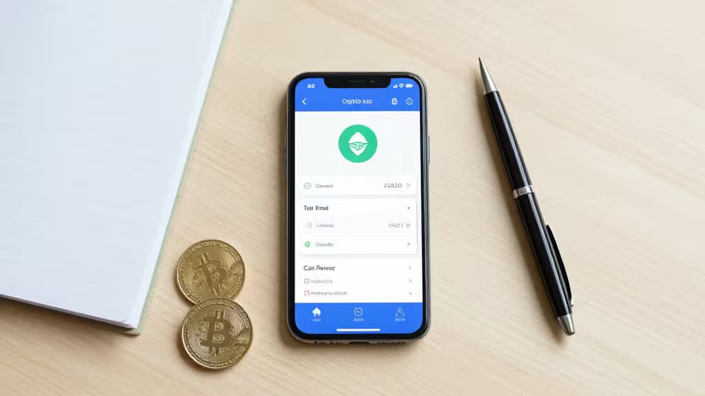 Smartphone displays Polish crypto tax app, flanked by Bitcoin coins and pen on wooden desk.
