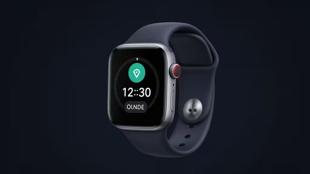 Apple Watch mostrando una interfaz de app 2FA con un pin de ubicación y la hora sobre fondo oscuro