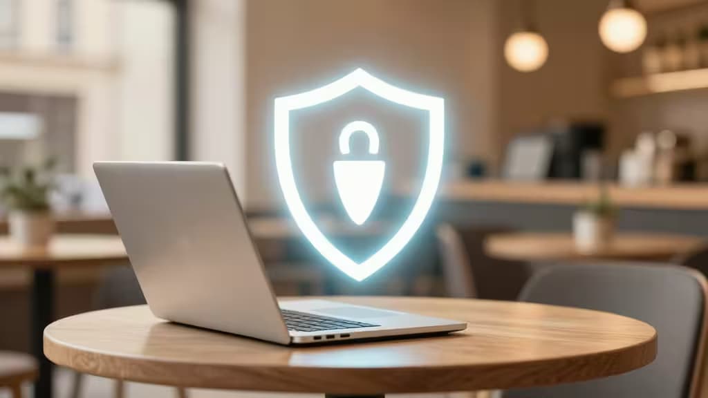 A glowing shield icon hovers above a laptop on a wooden table in a bright, modern café.