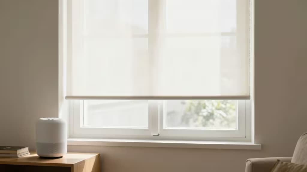 White smart blinds cover a bright window, with a smart hub on the side table.