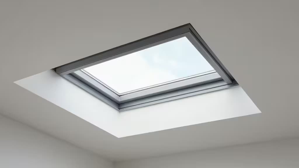 Modernes Dachfenster mit motorisiertem Wabenrollo, teilweise geöffnet, weiches Tageslicht fällt in einen minimalistischen Raum.