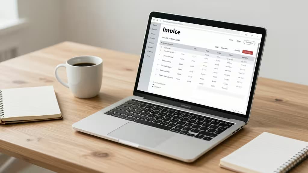 Silver laptop displays invoice on wooden desk beside white coffee mug and notebook.