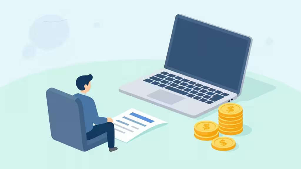 男性がノートPCと書類を前にし、隣に積み上げられた金色のコインが配置された等尺性イラスト。