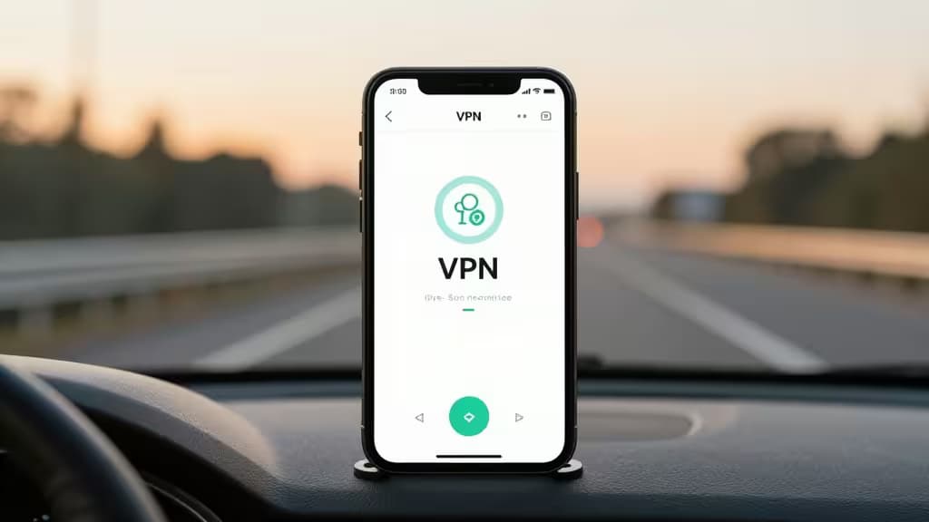 Smartphone displaying VPN app on car dashboard, blurred road background.
