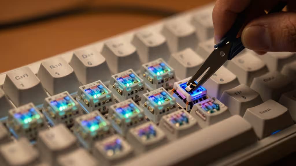 Une main utilise une pince pour extraire un switch bleu lumineux d'un clavier mécanique blanc, illustrant la personnalisation hot-swap.