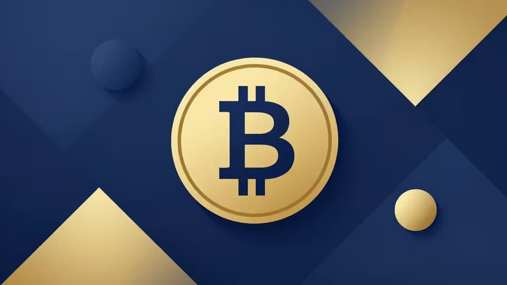 Un Bitcoin doré avec le symbole 'B' bleu, sur fond bleu foncé avec des formes géométriques.