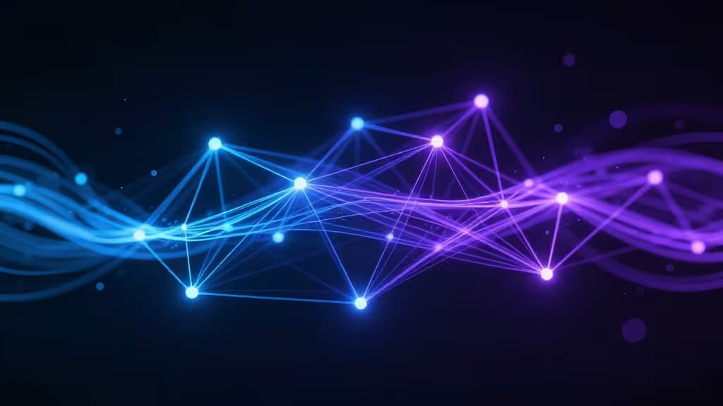 Glowing blue and purple nodes connect via luminous lines, symbolizing interconnected Solana trading platforms against a dark digital backdrop.