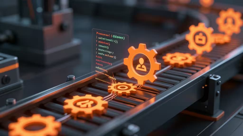 Orange gears with user icons roll on a dark conveyor belt beside glowing Rust code.