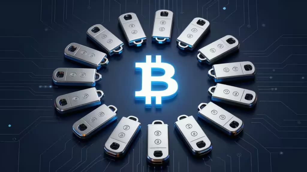 Silver hardware keys circle a glowing Bitcoin symbol on a dark circuit-board background.