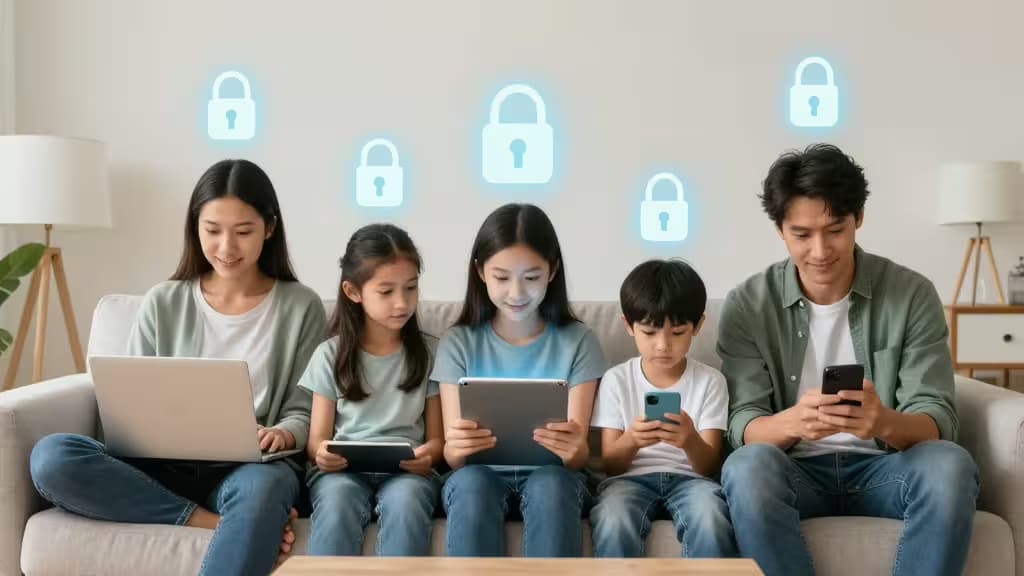 A family of five uses laptops and tablets on a couch, with glowing padlock icons above them.