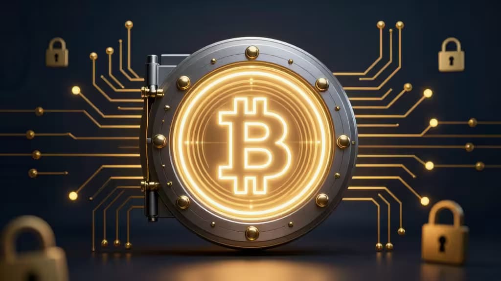 Ein leuchtendes Bitcoin-Emblem ist hinter einer metallischen Tresortür gesichert, umgeben von Leiterbahnen und Vorhängeschlössern — Symbol für den Schutz von Krypto-Wallets.