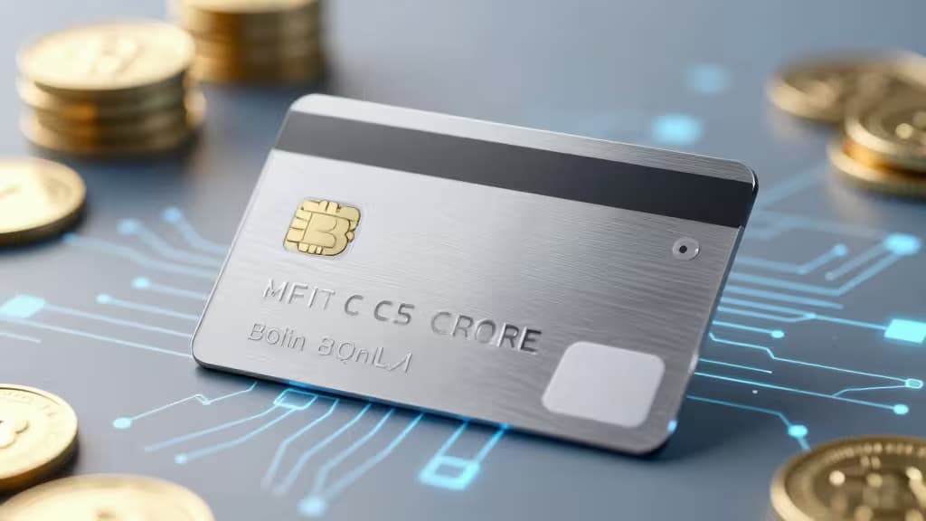 Tarjeta cripto metálica premium con chip, rodeada de monedas de oro y líneas de circuito brillantes.