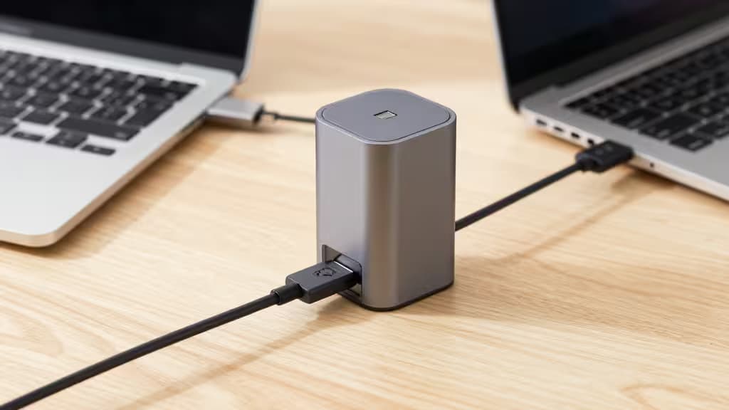 Zilveren USB-C hub op houten bureau, verbonden met twee laptops via zwarte kabels.