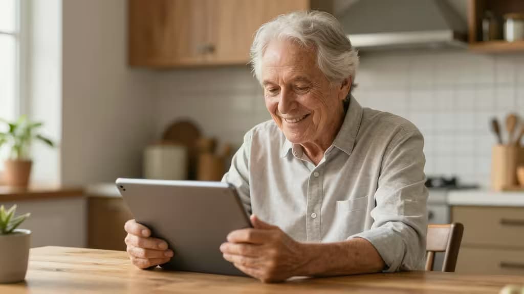 Un homme âgé sourit en utilisant une tablette dans une cuisine lumineuse, illustrant la gestion des mots de passe accessible aux seniors.