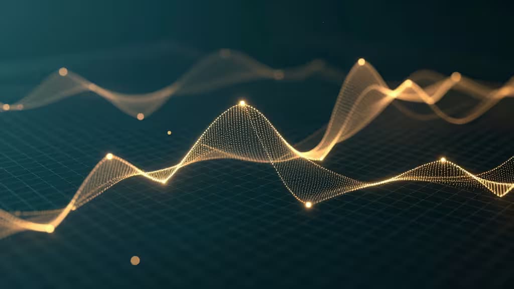 Złote fale cząstek przepływają przez ciemną siatkę, wizualizując strumienie danych IoT w czasie rzeczywistym do monitoringu szeregów czasowych.
