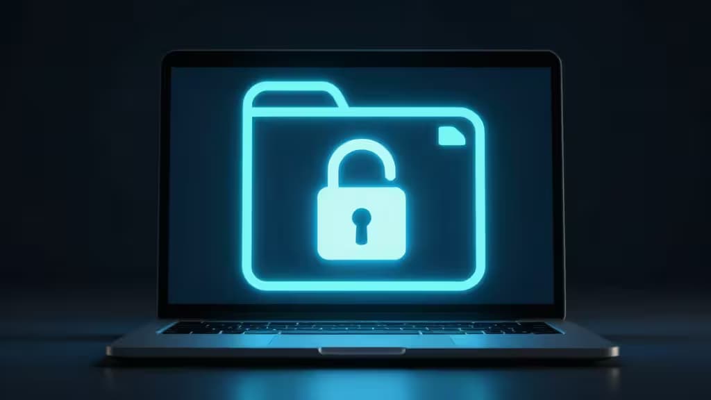 Glowing blue folder icon with padlock symbol displayed on laptop screen, representing secure local data storage.