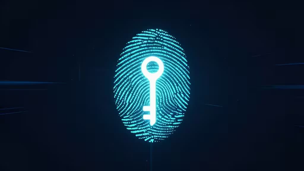 Abstracte digitale beveiliging: een gloeiende vingerafdruk die oplost in cryptografische sleutelvormen tegen een donkerblauwe achtergrond met blauwe en turkooise lichtstrepen