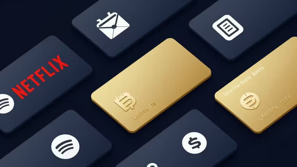 Gold crypto cards with Bitcoin and Ethereum logos alongside Netflix and Spotify icons on dark background.