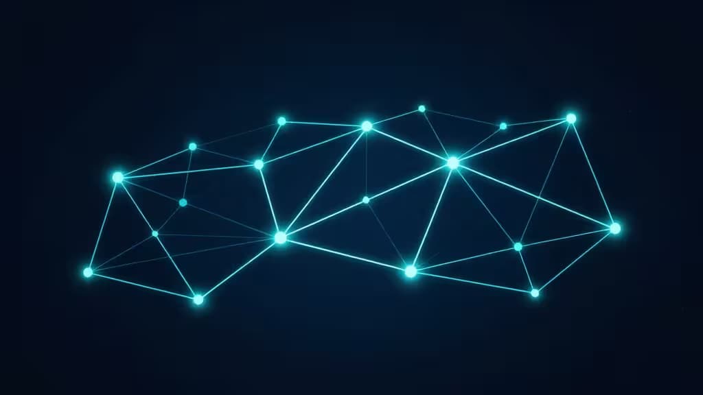 Абстрактная визуализация mesh-сети: светящиеся узлы, соединённые защищёнными каналами, в тёмно-синих и бирюзовых тонах