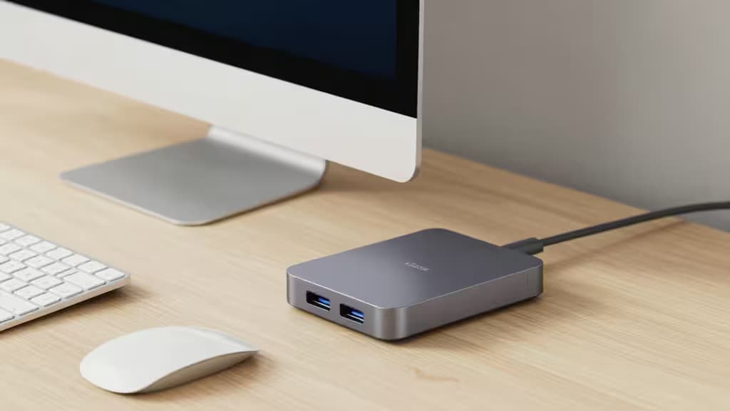 Un hub USB-C élégant posé sur un bureau en bois minimaliste à côté d'un Mac Studio, d'un clavier et d'une souris.