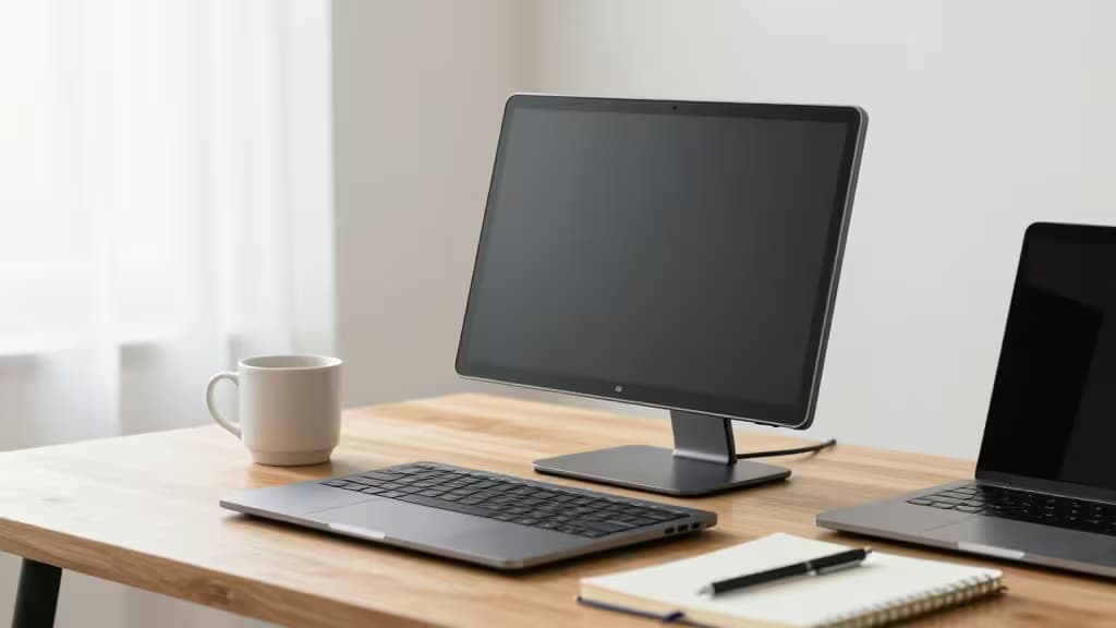 Portabler Monitor und Laptop auf einem Holzschreibtisch mit Notizbuch, Stift und Kaffeetasse