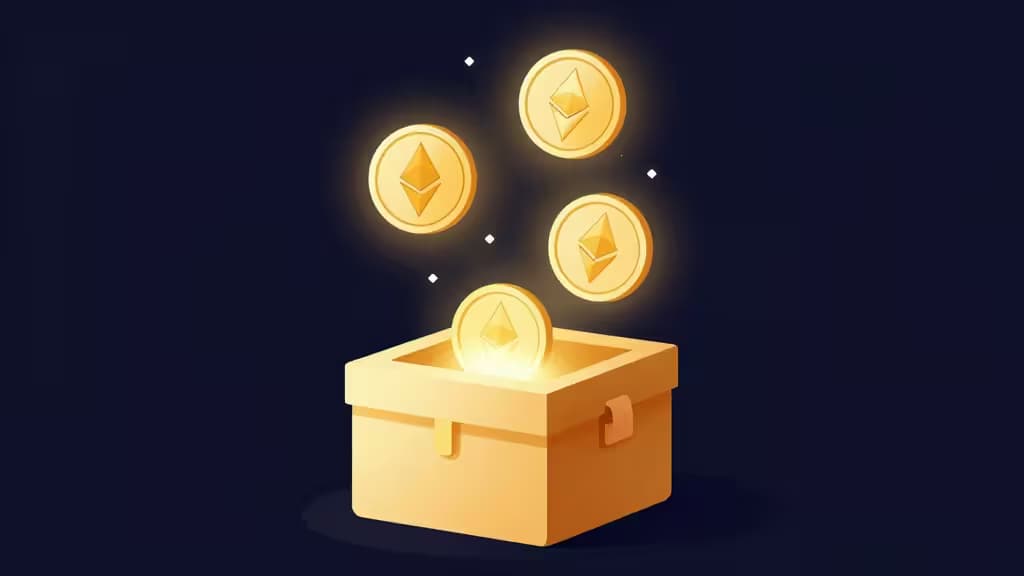 Świecące monety Ethereum unoszą się nad złotą skrzynką na darowizny na ciemnym tle, symbolizując krypto-filantropię dla organizacji non-profit.